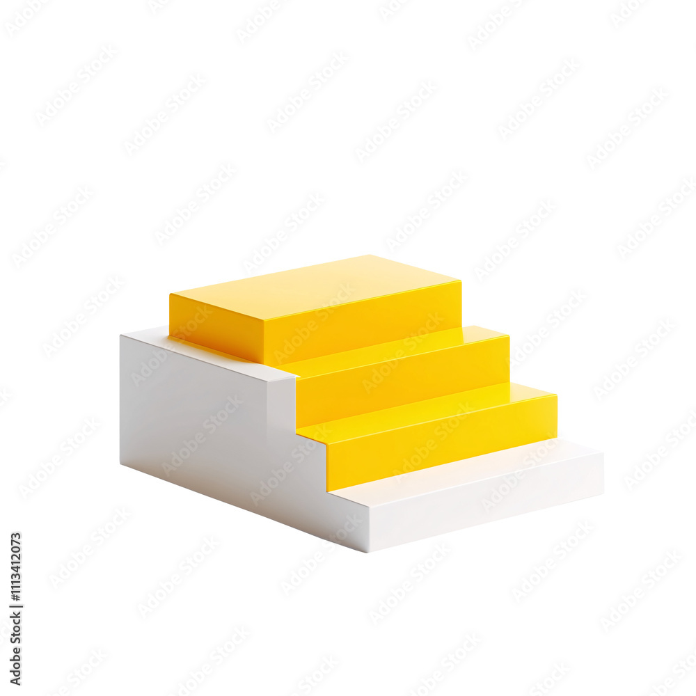 A 3D illustration featuring yellow steps on a white block on white and transparent background. A 3D illustration featuring yellow steps on a white block on white and transparent background.