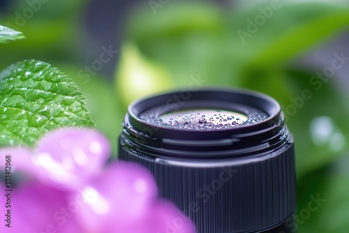 Close-up of camera lens with dew drops, near flowers. photo