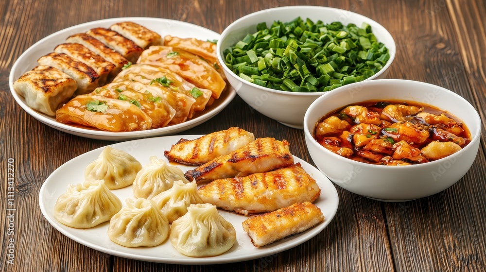 Chinese new year festival and symbolism, A delicious spread featuring grilled dumplings, steamed dumplings, chopped greens, and a savory sauce in a rustic setting. Chinese new year festival and symbolism, A delicious spread featuring grilled dumplings, steamed dumplings, chopped greens, and a savory sauce in a rustic setting.
