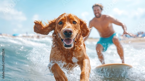 An action-packed image of a dog surfing alongside its owner, both enjoying a day at the beach. The photograph conveys fun and companionship, with clear blue skies and crashing waves in the