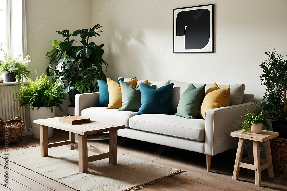 Light beige sofa with teal, olive, and mustard pillows in a bright living room with plants and wooden coffee table. Light beige sofa with teal, olive, and mustard pillows in a bright living room with plants and wooden coffee table.