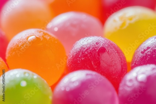 Close-up of colorful, translucent spheres with water droplets.