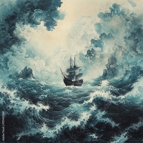 A ship sails through a stormy sea with large waves crashing against the rocks. photo