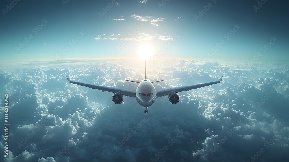 Naklejka premium Airplane taking off at airport under a bright sky aerial view of clouds and horizon