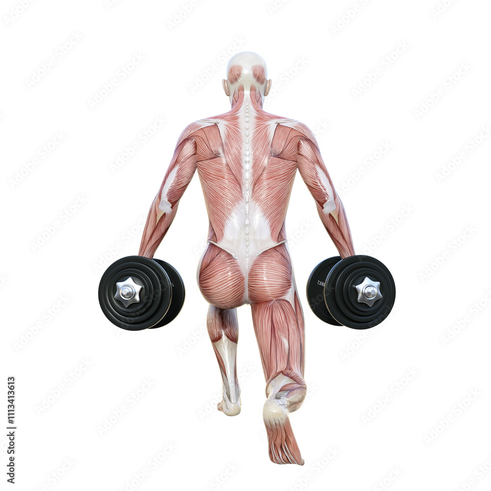 ダンベルでスプリットスクワットをする筋肉の男性人体模型の3Dイラスト 全身後ろ 後ろ向き