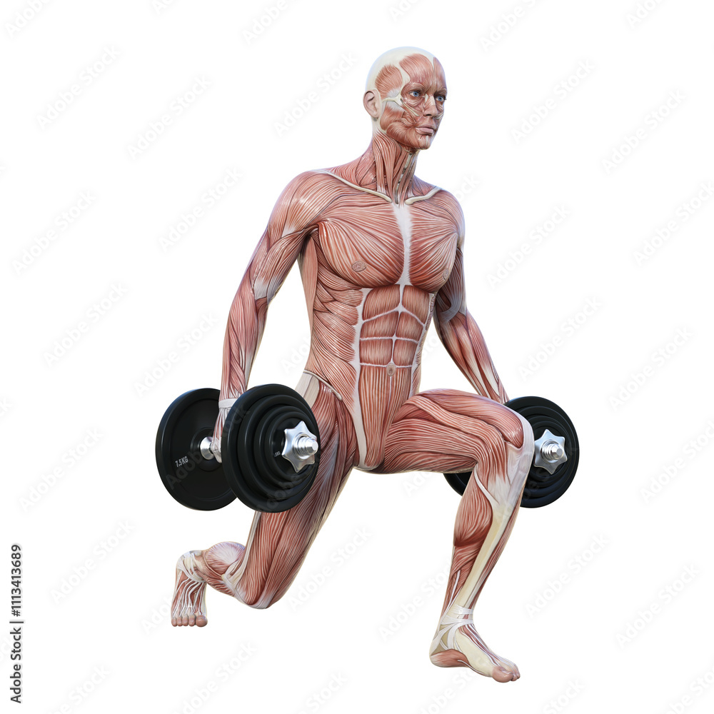 ダンベルでスプリットスクワットをする筋肉の男性人体模型の3Dイラスト 全身斜め横向き 右向き