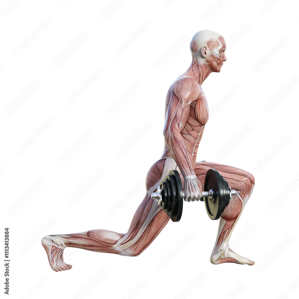 ダンベルでスプリットスクワットをする筋肉の男性人体模型の3Dイラスト 全身横向き