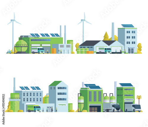 Green Sustainable Factory Building illustration, vector elements set and collection for city and industry illustration