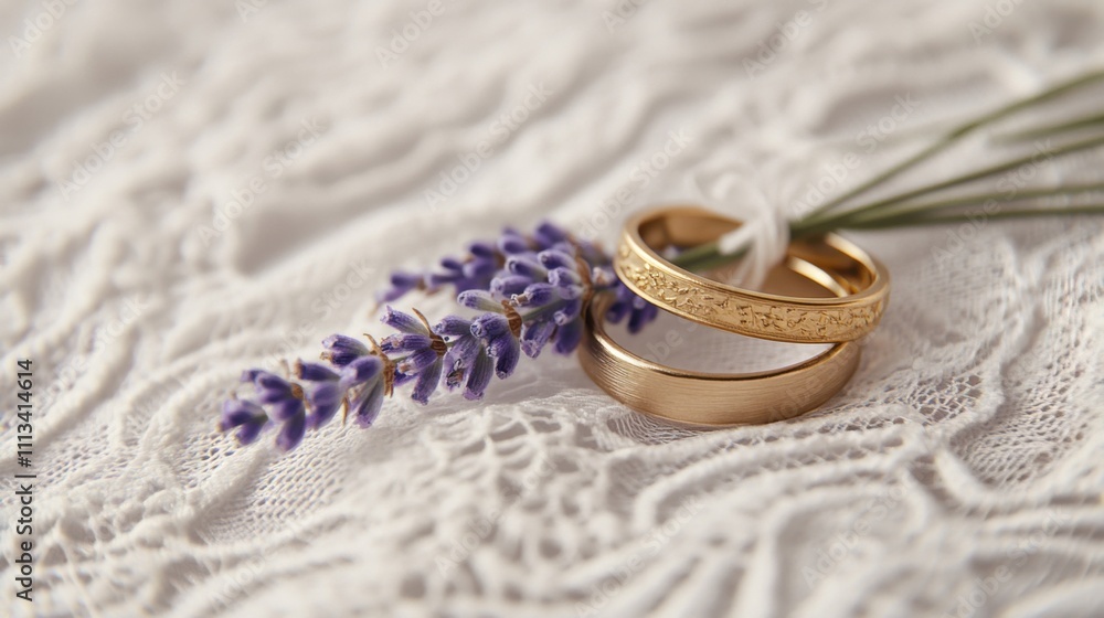 Golden Wedding Rings, Lavender Flowers, Lace Fabric, Romantic Setting Golden Wedding Rings, Lavender Flowers, Lace Fabric, Romantic Setting