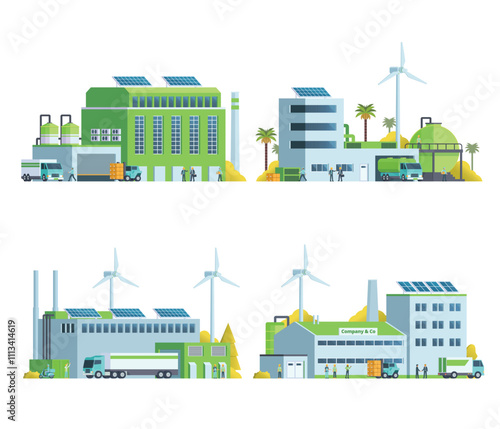 Green Sustainable Factory Building illustration, vector elements set and collection for city and industry illustration