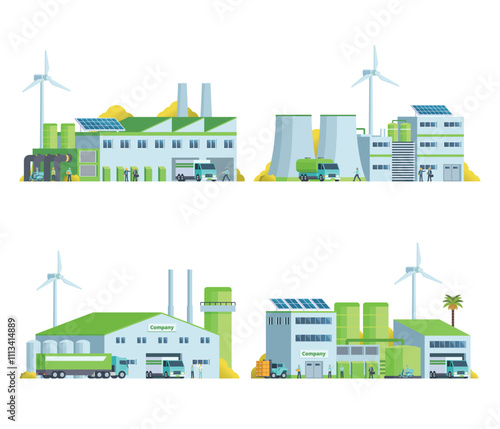 Green Sustainable Factory Building illustration, vector elements set and collection for city and industry illustration