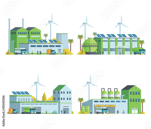 Green Sustainable Factory Building illustration, vector elements set and collection for city and industry illustration