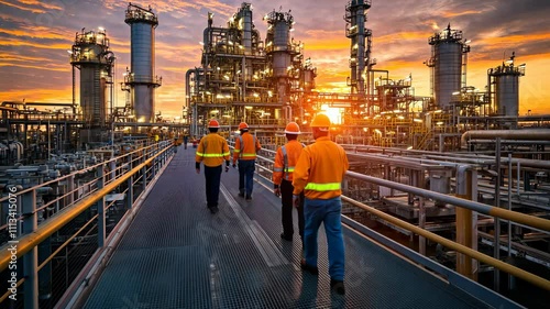 Industrial workers showcase teamwork at sunset in refinery, highlighting oil production.