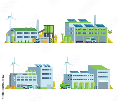 Green Sustainable Factory Building illustration, vector elements set and collection for city and industry illustration