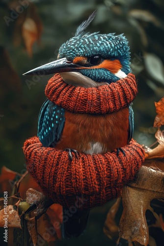 A kingfisher perched on a branch, wearing a red knitted scarf. photo