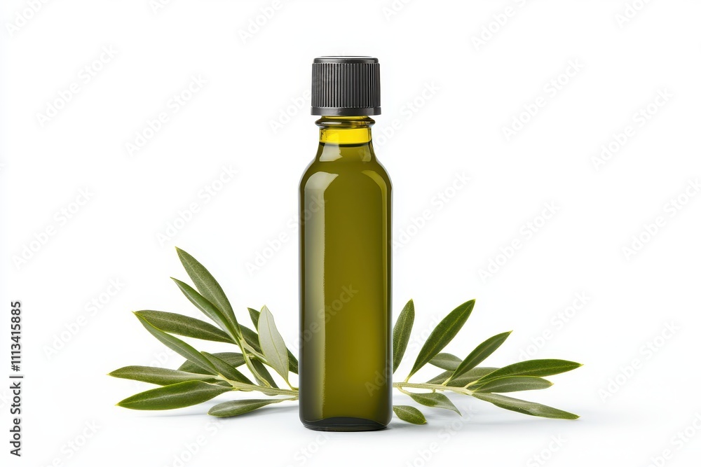 Glass bottle of olive oil with green olive leaves on white background Glass bottle of olive oil with green olive leaves on white background