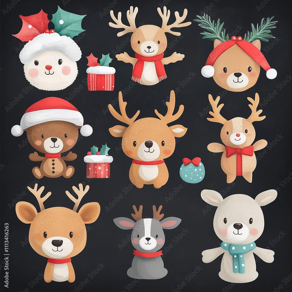 Christmas reindeer set in a black background, with a whimsical and playful feel Christmas reindeer set in a black background, with a whimsical and playful feel