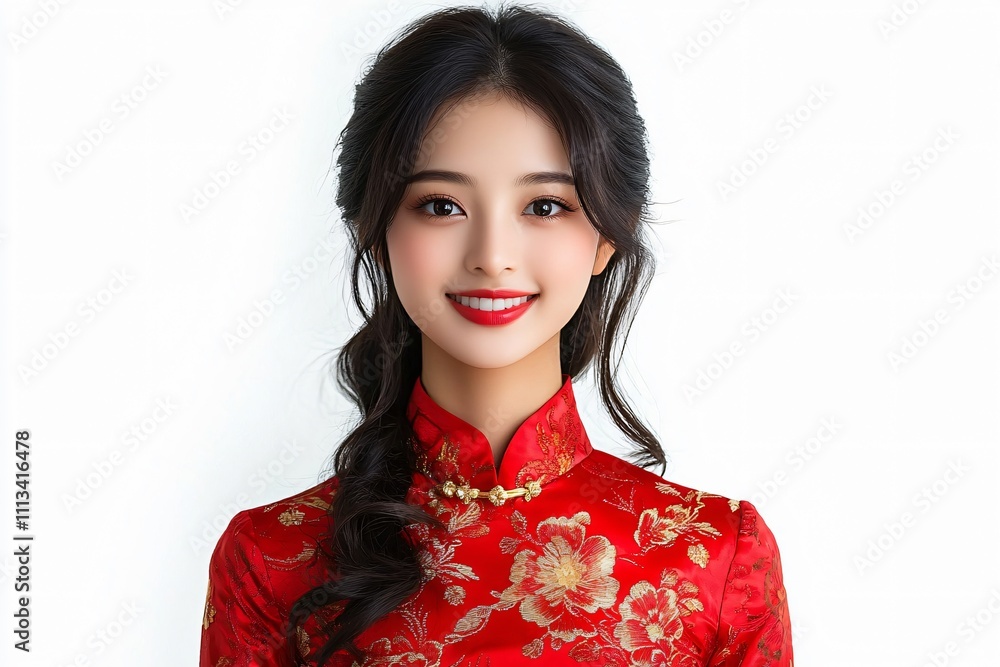 A young woman in a vibrant red cheongsam, perfect for promoting Chinese New Year celebrations, cultural events, or fashion-related projects with an uplifting theme. A young woman in a vibrant red cheongsam, perfect for promoting Chinese New Year celebrations, cultural events, or fashion-related projects with an uplifting theme.