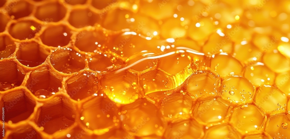Close Up of Honeycomb Texture Glossy Honey Droplets Warm Lighting Macro Close Up of Honeycomb Texture Glossy Honey Droplets Warm Lighting Macro