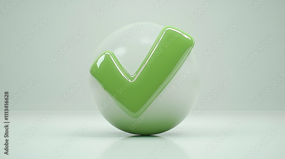 Green checkmark on white sphere, 3D render.