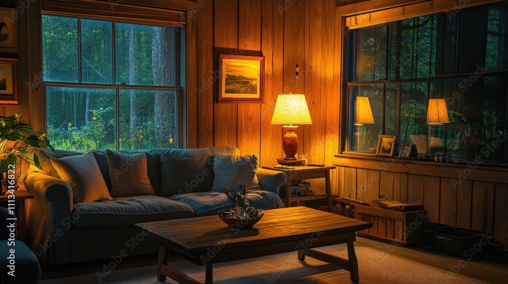 Cozy cabin living room, warm lamplight, forest view. Cozy cabin living room, warm lamplight, forest view.