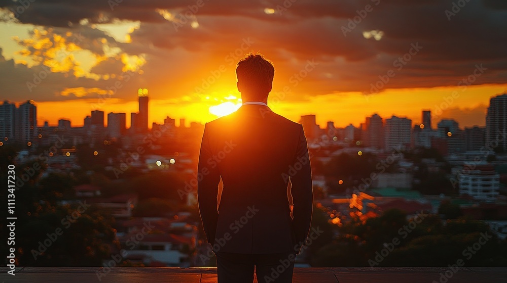 Man in Suit Watching Cityscape from Balcony at Sunset Man in Suit Watching Cityscape from Balcony at Sunset