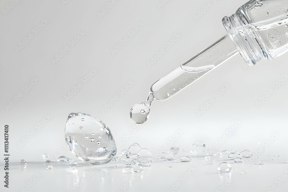 A clean and transparent glass serum dropper bottle, its liquid drops hanging delicately, isolated on white, ideal for beauty, skincare, or wellness branding. A clean and transparent glass serum dropper bottle, its liquid drops hanging delicately, isolated on white, ideal for beauty, skincare, or wellness branding.