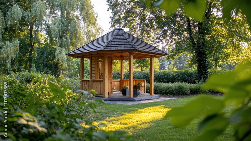 Naklejka premium Wooden Gazebo Nestled In A Lush Green Garden Setting