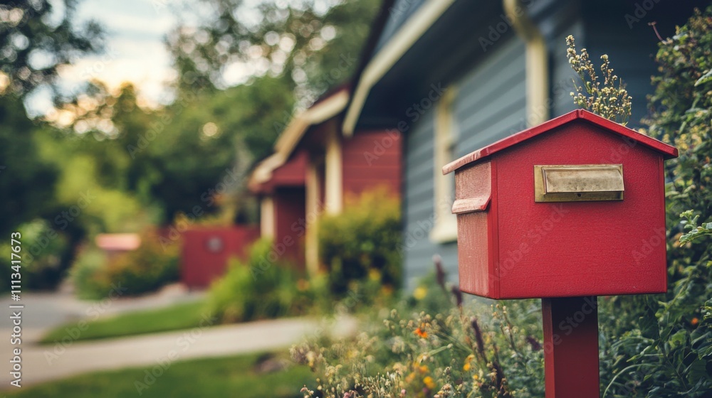 Charming Red Mailbox in a Residential Neighborhood Surrounded by Lush Greenery and Cozy Houses on a Sunny Day, Evoking Nostalgia and Community Spirit