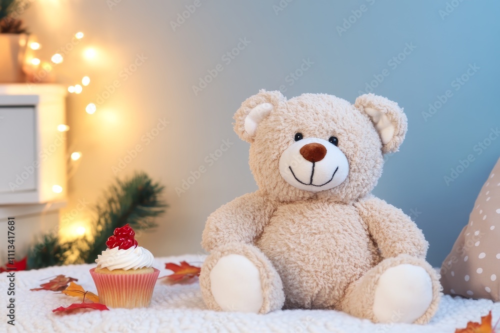 Cozy Autumn Scene with Teddy Bear and Cupcake in Warm Ambient Lighting Cozy Autumn Scene with Teddy Bear and Cupcake in Warm Ambient Lighting