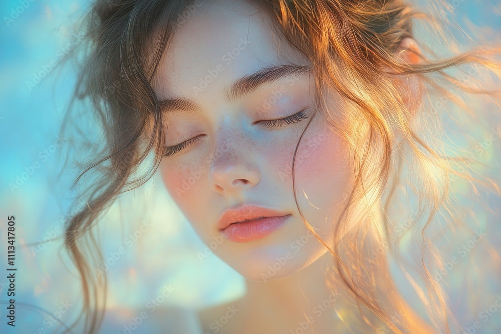 Naklejka premium Beauty Image of Asian Woman with Long Hair in Natural Light Portrait