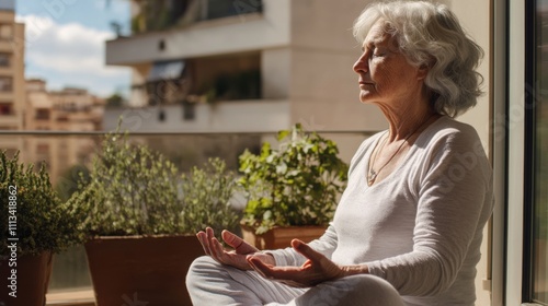 Elderly Woman Meditates Outdoors, Balcony Serenity, Peaceful Yoga Pose photo