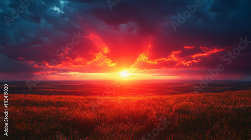 Vibrant Sunrise Breaking Through Storm Clouds Over Tranquil Landscape