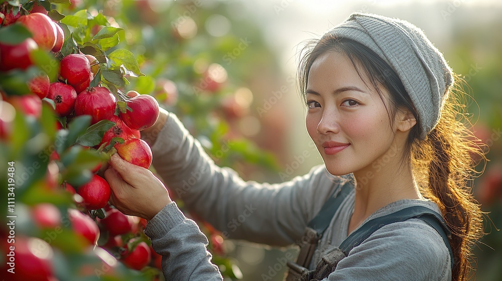 A young woman smiles as she picks apples from a tree in an orchard. (1) A young woman smiles as she picks apples from a tree in an orchard. (1)