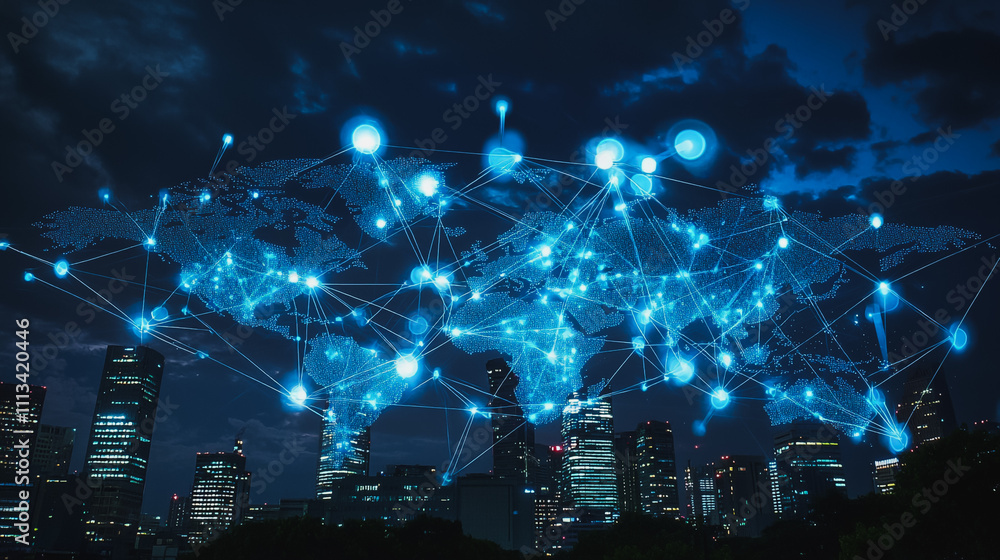 abstract business connection of line from nail node to node on world map background Innovation network points Earth's surface abstract business connection of line from nail node to node on world map background Innovation network points Earth's surface