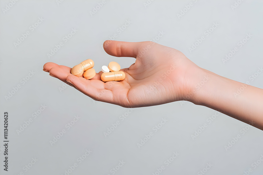 A hand carefully presenting medicine tablets, isolated on a white background, highlighting the significance of health and wellness in daily life. A hand carefully presenting medicine tablets, isolated on a white background, highlighting the significance of health and wellness in daily life.