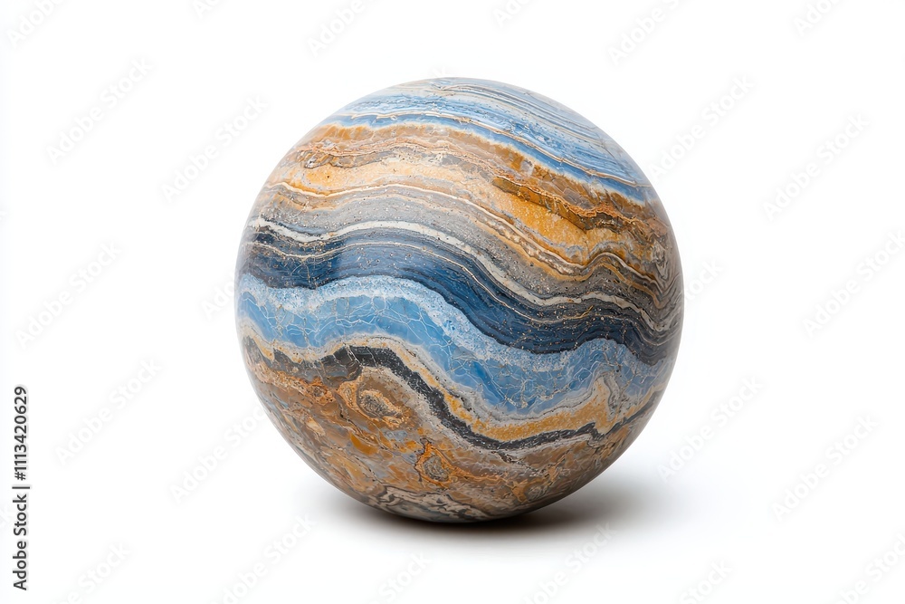 Striking Marble Sphere with Blue and Brown Swirls on White Background Striking Marble Sphere with Blue and Brown Swirls on White Background