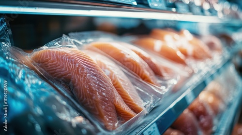 Fresh Salmon Fillets Vacuum Packed in Supermarket Refrigerated Display photo