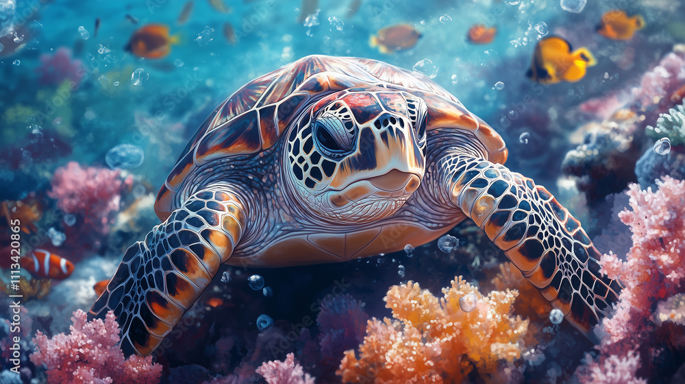 Obraz premium Sea Turtle Entangled in Plastic Waste Amidst Vibrant Underwater Scene
