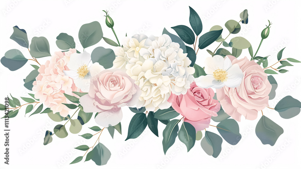 Fototapeta Dusty Pink and Creamy Garland Bouquets: Vector design garland bouquets with dusty pink and cream roses, peonies, hydrangea flowers, and tropical leaves. Eucalyptus and greenery.