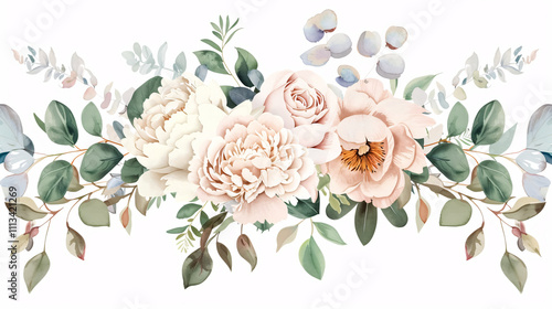 Fototapeta Naklejka Na Ścianę i Meble -  Dusty Pink and Creamy Garland Bouquets: Vector design garland bouquets with dusty pink and cream roses, peonies, hydrangea flowers, and tropical leaves. Eucalyptus and greenery.