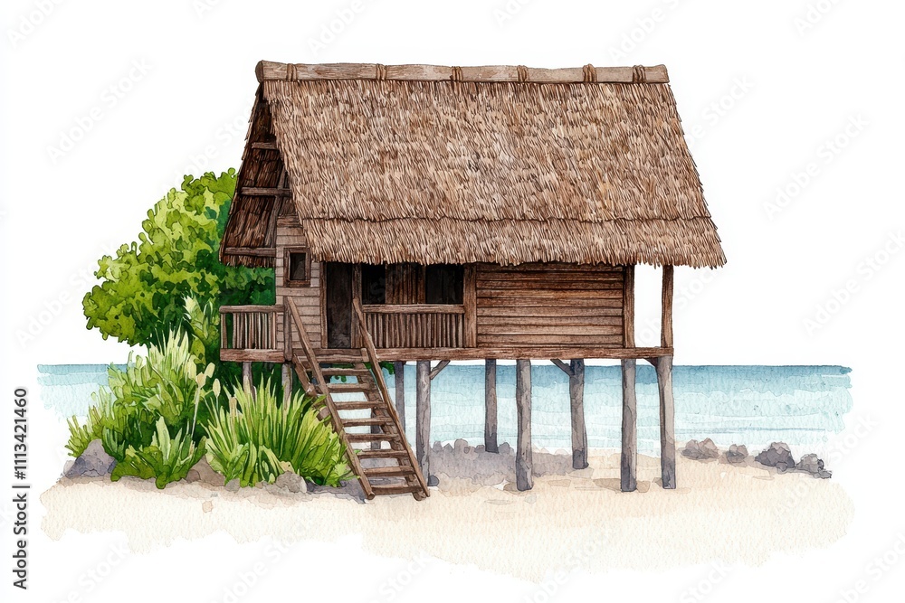 Rustic Beach House with Thatched Roof and Tropical Surroundings Rustic Beach House with Thatched Roof and Tropical Surroundings