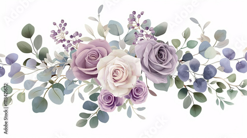 Dusty Violet and Creamy Flowers Vector Design: A vector design featuring dusty violet lavender, creamy antique roses, and mauve flowers with eucalyptus, creating a pastel-style wedding