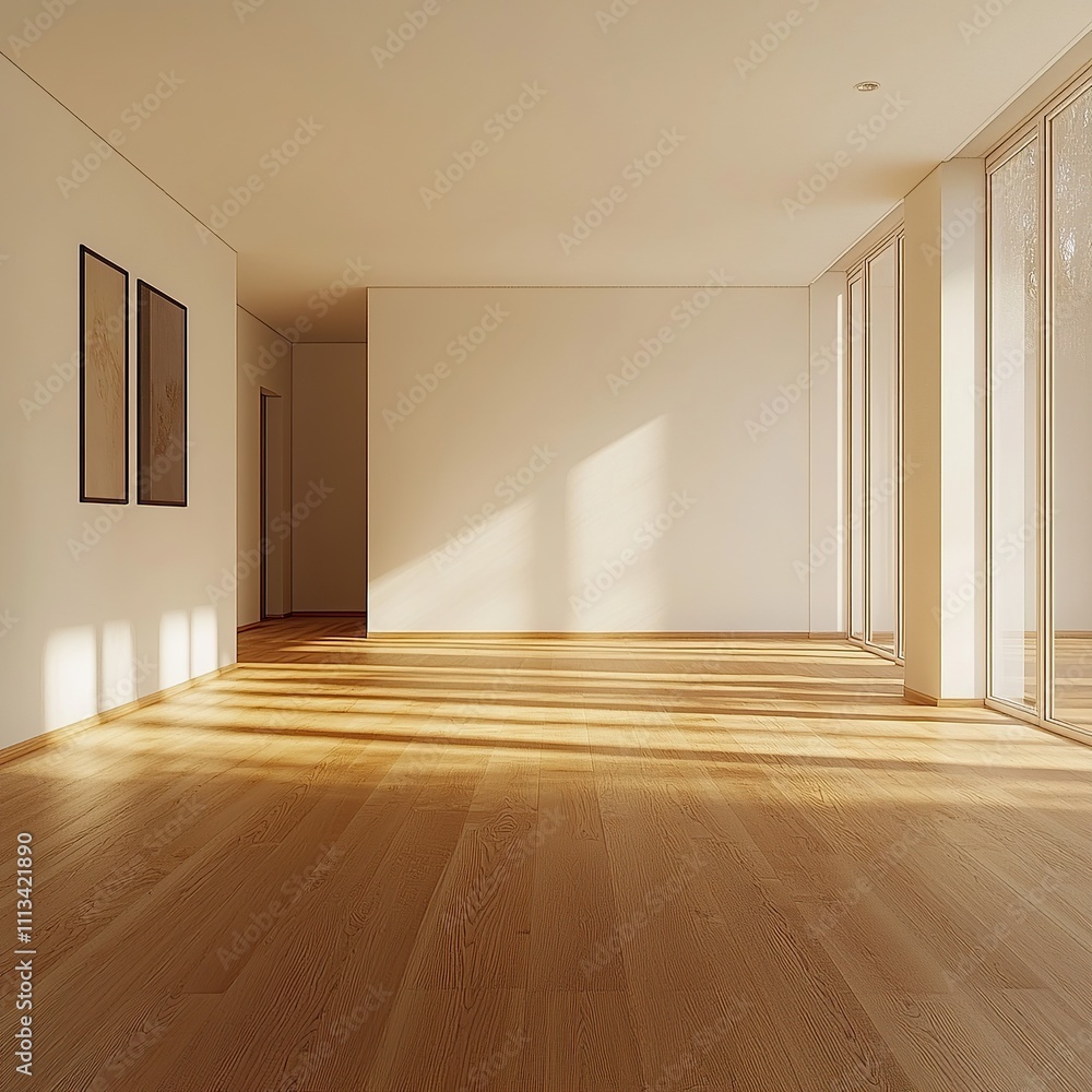 Fototapeta premium Sunlight streams through large windows into an empty room with hardwood floors.