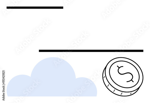 Cloud and dollar coin balancing digital and financial elements. Ideal for finance, technology, cloud computing, business strategy, investment, economy, data storage themes. Line metaphor