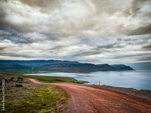 Gravel road to Rauðisandur, Red Sand Beach, Patreksfjordur in the Westfjords, Iceland. photo