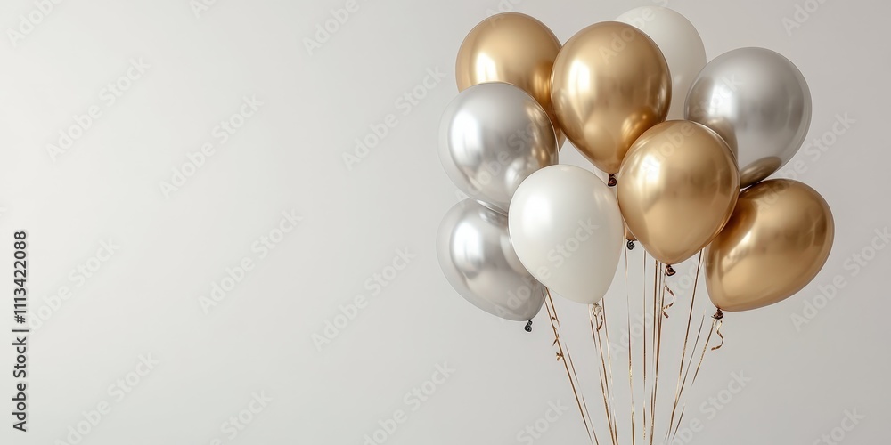 A Stunning Arrangement of Gold, Silver, and White Balloons Floating Gracefully Against a Soft White Background for Celebratory Themes and Events A Stunning Arrangement of Gold, Silver, and White Balloons Floating Gracefully Against a Soft White Background for Celebratory Themes and Events