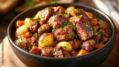 Close Up of Rich French Chicken Stew Coq au Vin Dish with Vegetables and Garnish