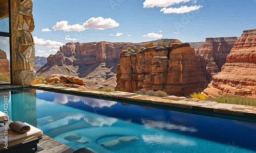 Spa au Grand Canyon avec piscine à débordement face aux falaises rocheuses et au désert sous ciel bleu, terrasse de luxe, détente, voyage, tourisme haut de gamme et évasion panoramique