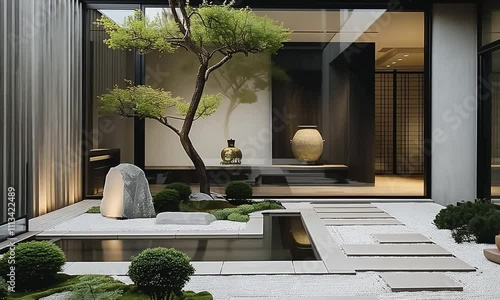 Cour intérieure contemporaine avec bassin rectangulaire, pas japonais, arbre taillé, galet décoratif et architecture minimaliste, jardin zen résidentiel, design paysager, sérénité, luxe et harmonie